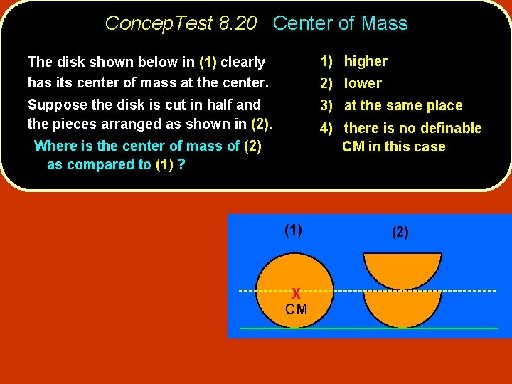 Concep. Test 8. 20 Center of Mass The disk shown below in (1) clearly