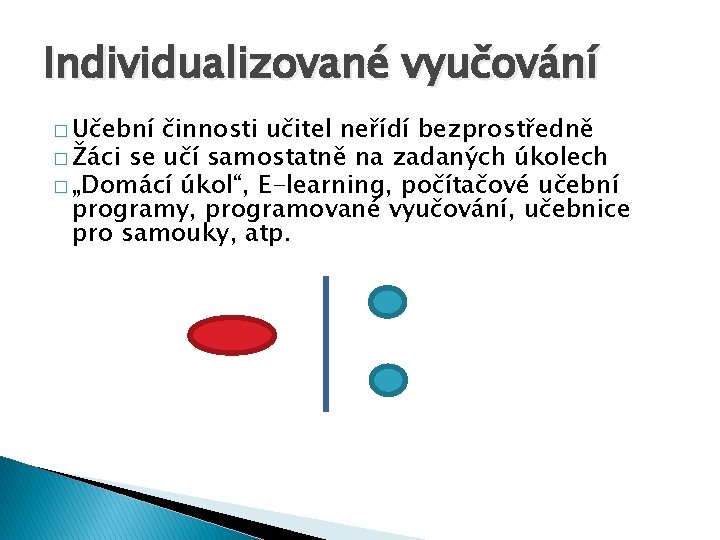 Individualizované vyučování � Učební činnosti učitel neřídí bezprostředně � Žáci se učí samostatně na