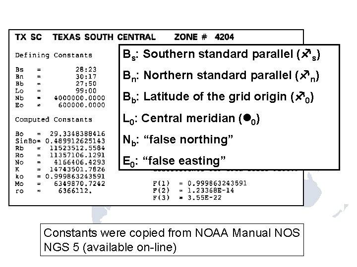 Bs: Southern standard parallel ( s) Bn: Northern standard parallel ( n) Bb: Latitude