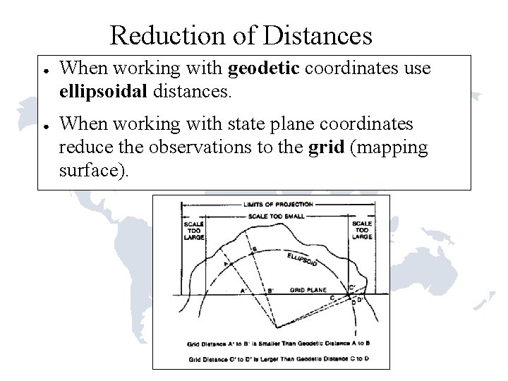 Reduction of Distances ● ● When working with geodetic coordinates use ellipsoidal distances. When
