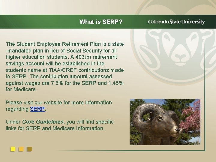 What is SERP? The Student Employee Retirement Plan is a state -mandated plan in