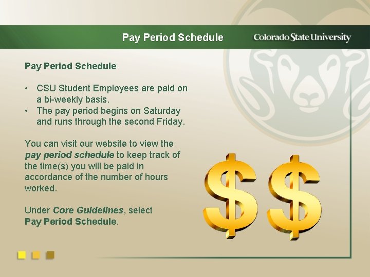 Pay Period Schedule • CSU Student Employees are paid on a bi-weekly basis. •