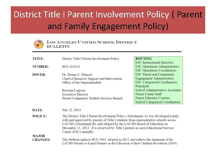 District Title I Parent Involvement Policy ( Parent and Family Engagement Policy) 