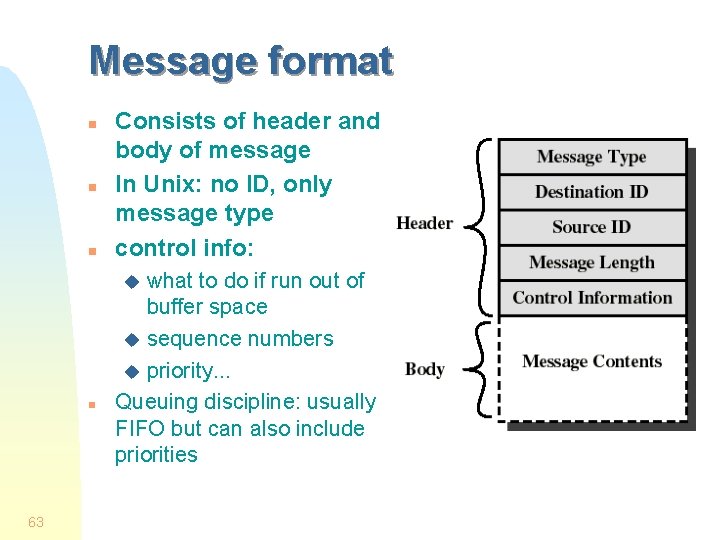 Message format n n n Consists of header and body of message In Unix: