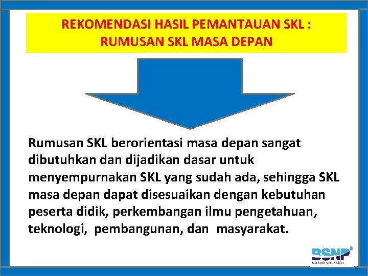 REKOMENDASI HASIL PEMANTAUAN SKL : RUMUSAN SKL MASA DEPAN Rumusan SKL berorientasi masa depan