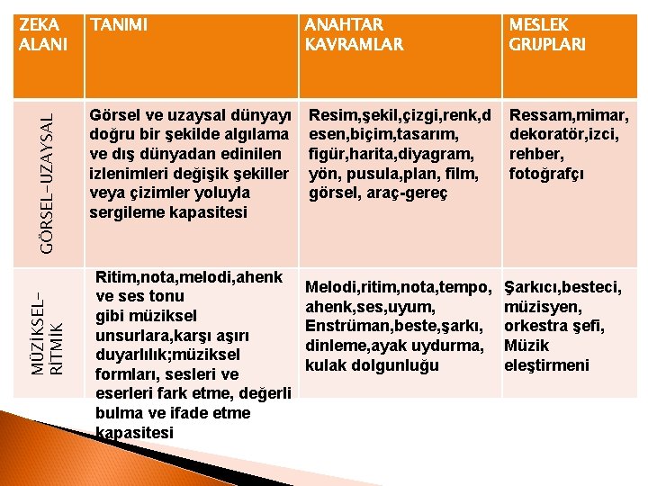 MÜZİKSELRİTMİK GÖRSEL-UZAYSAL ZEKA ALANI TANIMI ANAHTAR KAVRAMLAR MESLEK GRUPLARI Görsel ve uzaysal dünyayı doğru