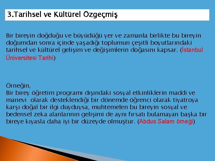 3. Tarihsel ve Kültürel Özgeçmiş Bir bireyin doğduğu ve büyüdüğü yer ve zamanla birlikte