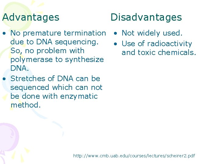 Advantages Disadvantages • No premature termination • Not widely used. due to DNA sequencing.