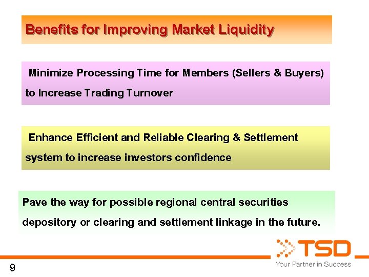 Benefits for Improving Market Liquidity Minimize Processing Time for Members (Sellers & Buyers) to