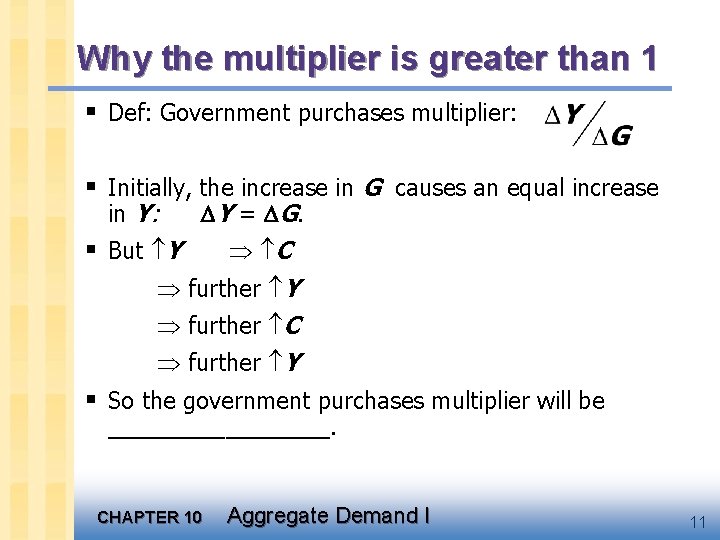 Why the multiplier is greater than 1 § Def: Government purchases multiplier: § Initially,