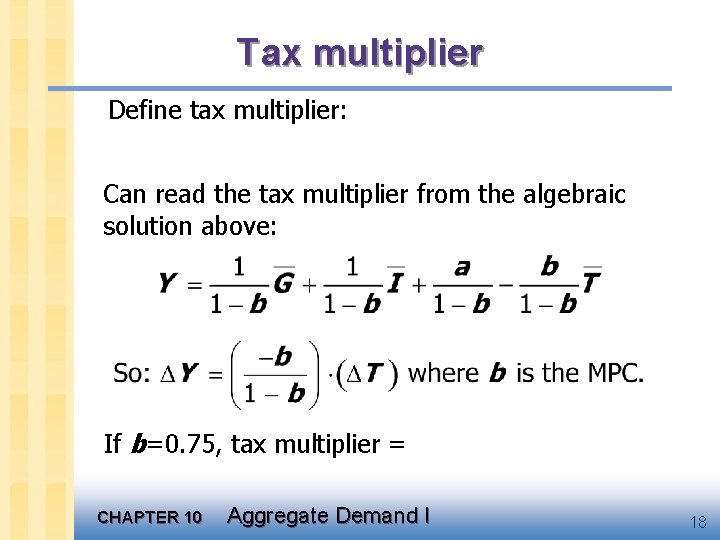 Tax multiplier Define tax multiplier: Can read the tax multiplier from the algebraic solution