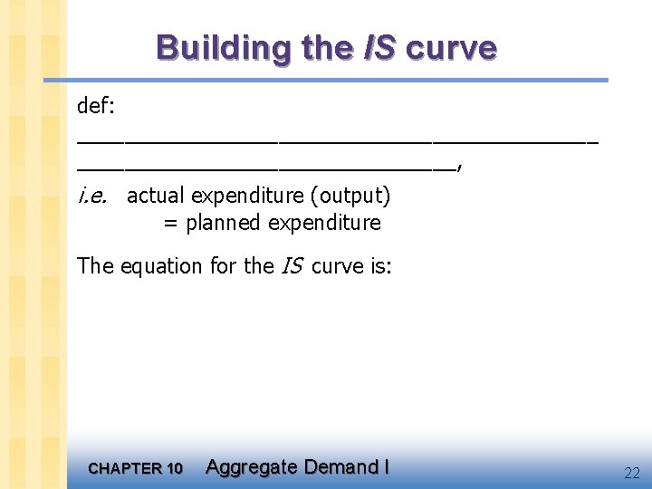 Building the IS curve def: ______________________, i. e. actual expenditure (output) = planned expenditure