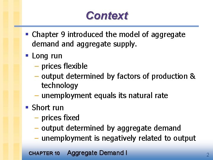 Context § Chapter 9 introduced the model of aggregate demand aggregate supply. § Long