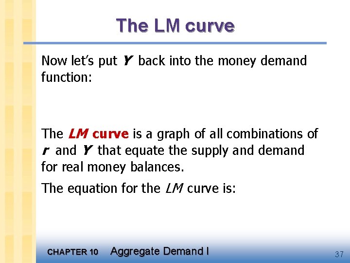 The LM curve Now let’s put Y back into the money demand function: The