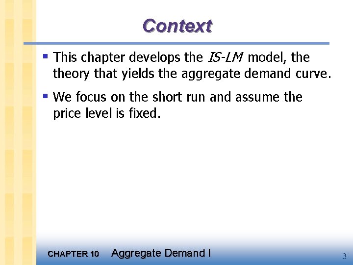 Context § This chapter develops the IS-LM model, theory that yields the aggregate demand
