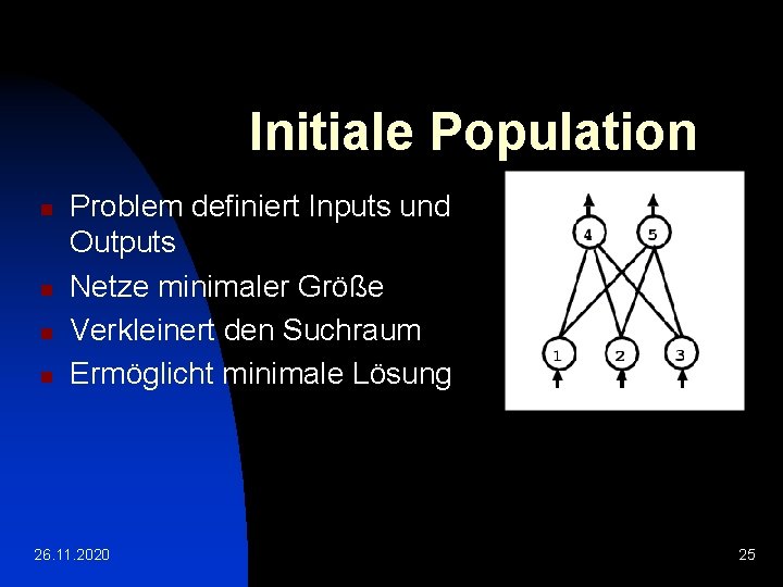 Initiale Population n n Problem definiert Inputs und Outputs Netze minimaler Größe Verkleinert den