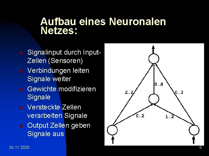 Aufbau eines Neuronalen Netzes: n n n Signalinput durch Input. Zellen (Sensoren) Verbindungen leiten