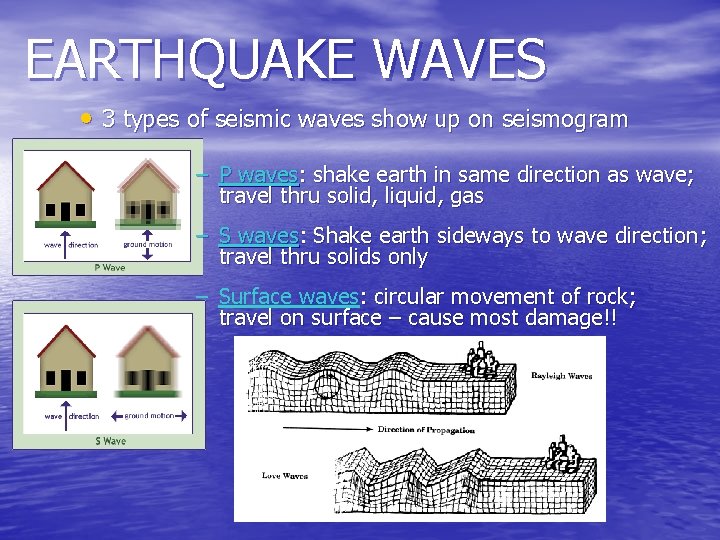 EARTHQUAKE WAVES • 3 types of seismic waves show up on seismogram – P