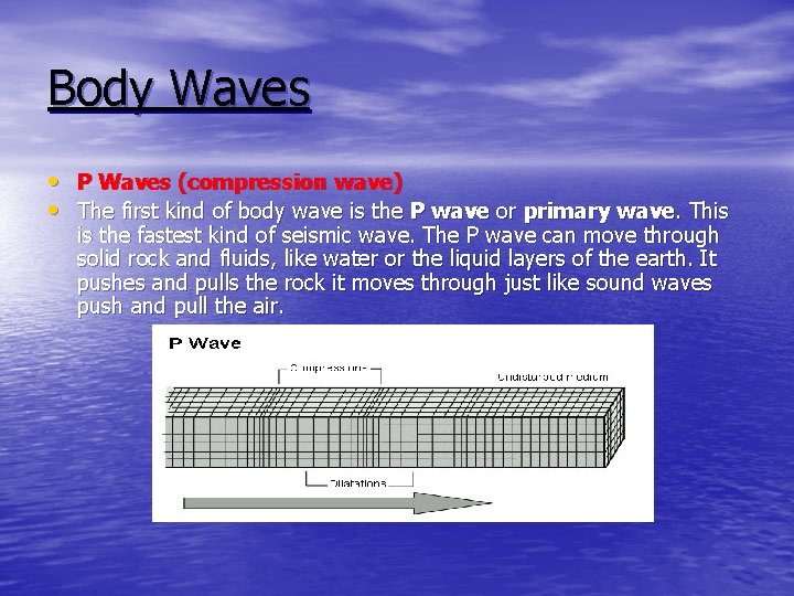 Body Waves • P Waves (compression wave) • The first kind of body wave