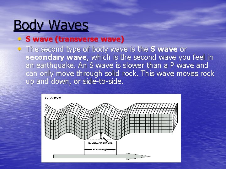 Body Waves • S wave (transverse wave) • The second type of body wave