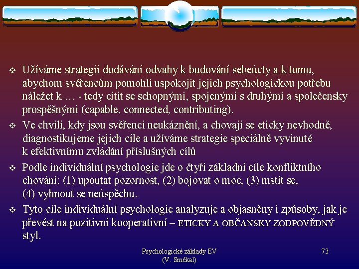 v v Užíváme strategii dodávání odvahy k budování sebeúcty a k tomu, abychom svěřencům