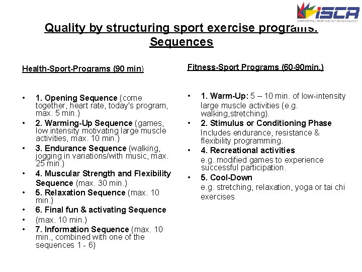 Quality by structuring sport exercise programs: Sequences Health-Sport-Programs (90 min) Fitness-Sport Programs (60 -90