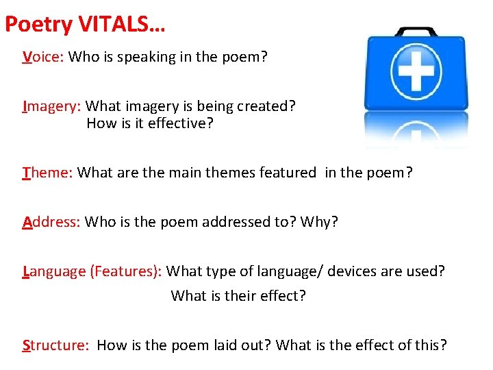 Poetry VITALS… Voice: Who is speaking in the poem? Imagery: What imagery is being