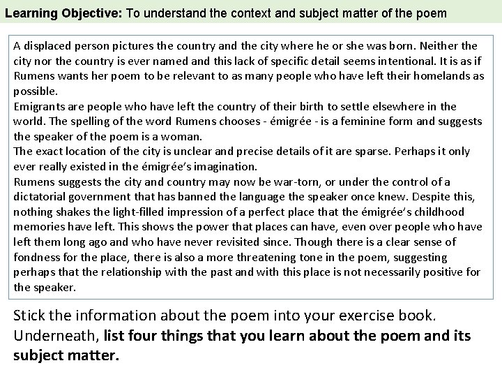  Learning Objective: To understand the context and subject matter of the poem A