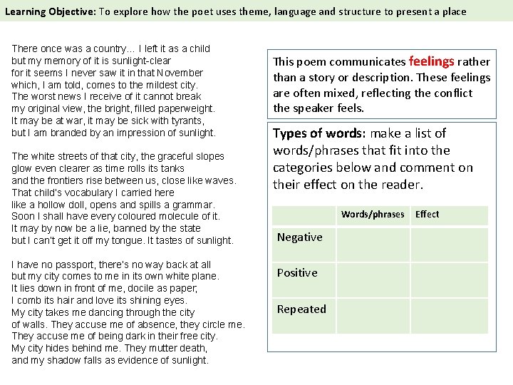  Learning Objective: To explore how the poet uses theme, language and structure to
