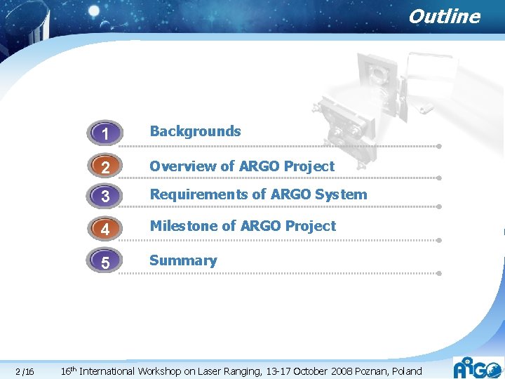 Outline 2 /16 1 Backgrounds 2 Overview of ARGO Project 3 Requirements of ARGO Outline 2 /16 1 Backgrounds 2 Overview of ARGO Project 3 Requirements of ARGO