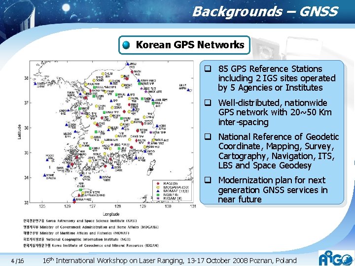 Backgrounds – GNSS Korean GPS Networks q 85 GPS Reference Stations including 2 IGS Backgrounds – GNSS Korean GPS Networks q 85 GPS Reference Stations including 2 IGS