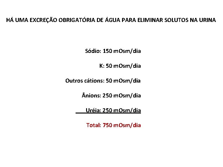 HÁ UMA EXCREÇÃO OBRIGATÓRIA DE ÁGUA PARA ELIMINAR SOLUTOS NA URINA Sódio: 150 m.