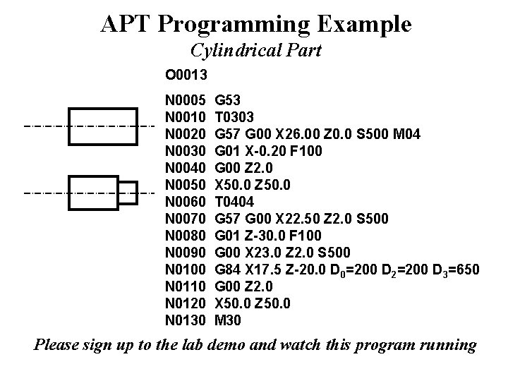 APT Programming Example Cylindrical Part O 0013 N 0005 N 0010 N 0020 N