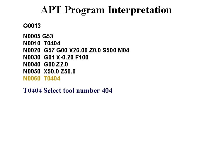 APT Program Interpretation O 0013 N 0005 G 53 N 0010 T 0404 N
