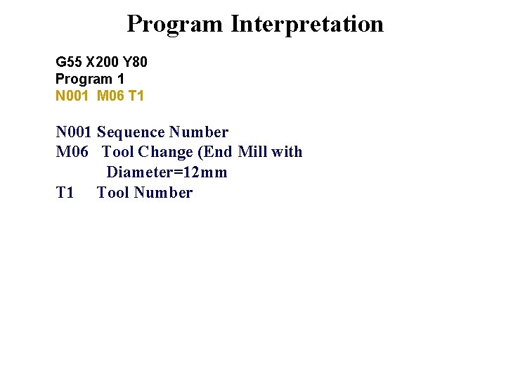 Program Interpretation G 55 X 200 Y 80 Program 1 N 001 M 06