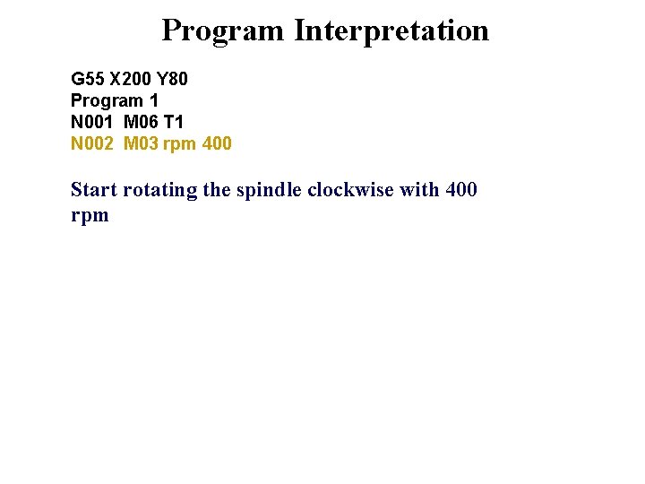 Program Interpretation G 55 X 200 Y 80 Program 1 N 001 M 06