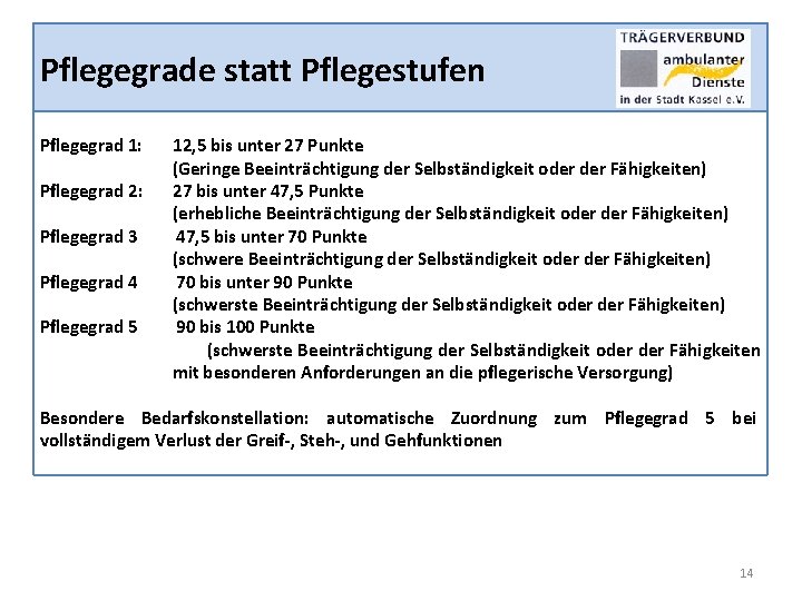 Pflegegrade statt Pflegestufen Pflegegrad 1: Pflegegrad 2: Pflegegrad 3 Pflegegrad 4 Pflegegrad 5 12,