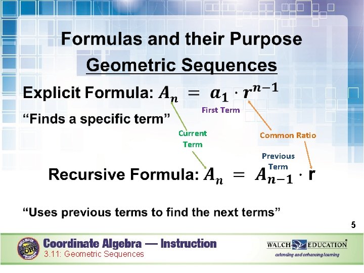  First Term Current Term Common Ratio Previous Term 5 3. 11: Geometric Sequences