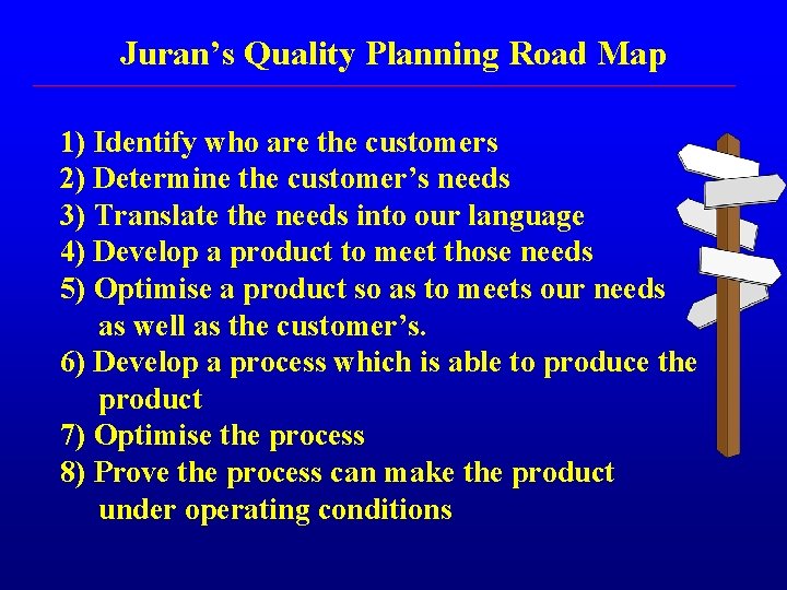 Juran’s Quality Planning Road Map 1) Identify who are the customers 2) Determine the