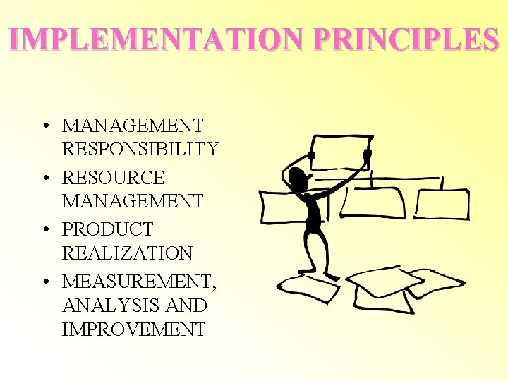 IMPLEMENTATION PRINCIPLES • MANAGEMENT RESPONSIBILITY • RESOURCE MANAGEMENT • PRODUCT REALIZATION • MEASUREMENT, ANALYSIS