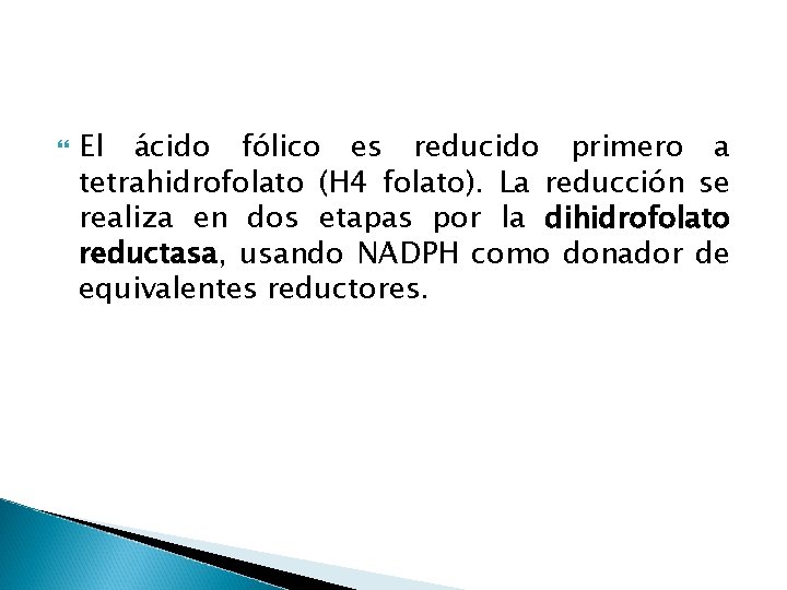  El ácido fólico es reducido primero a tetrahidrofolato (H 4 folato). La reducción