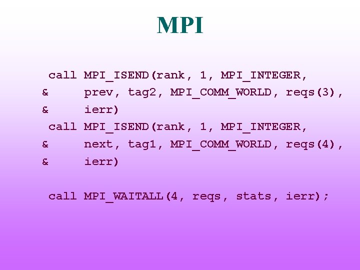 MPI call MPI_ISEND(rank, 1, MPI_INTEGER, & prev, tag 2, MPI_COMM_WORLD, reqs(3), & ierr) call