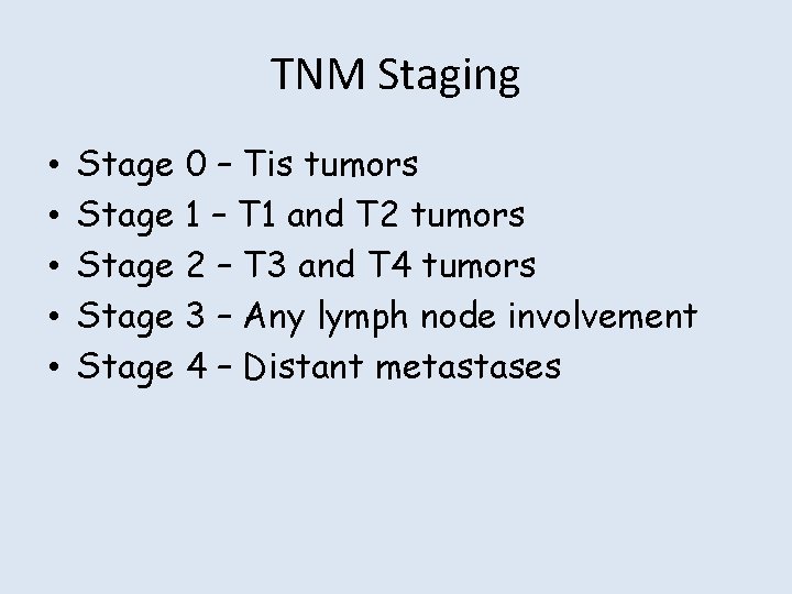 TNM Staging • • • Stage 0 – Tis tumors Stage 1 – T