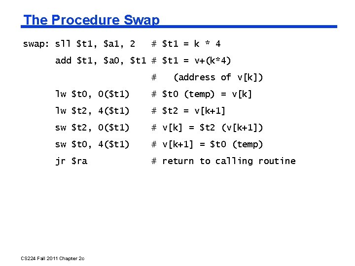 The Procedure Swap swap: sll $t 1, $a 1, 2 # $t 1 =