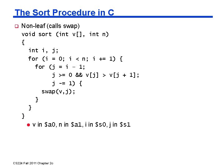 The Sort Procedure in C Non-leaf (calls swap) void sort (int v[], int n)