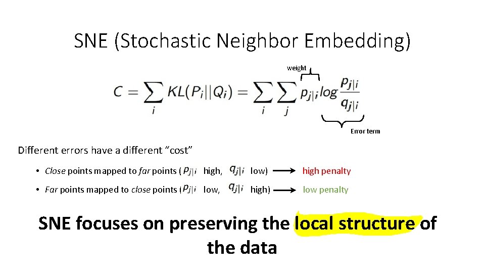 SNE (Stochastic Neighbor Embedding) weight Error term Different errors have a different “cost” •