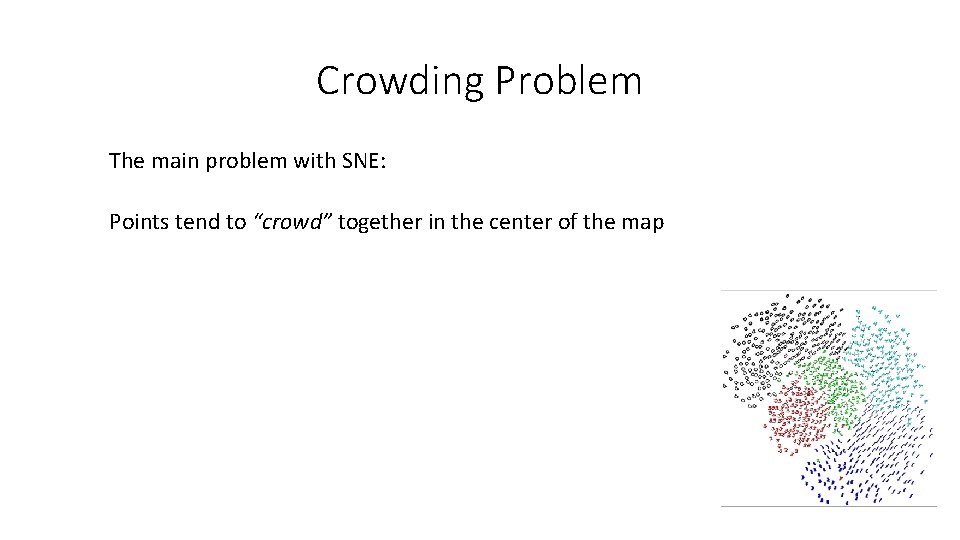 Crowding Problem The main problem with SNE: Points tend to “crowd” together in the