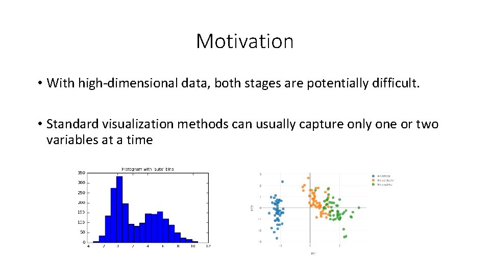 Motivation • With high-dimensional data, both stages are potentially difficult. • Standard visualization methods
