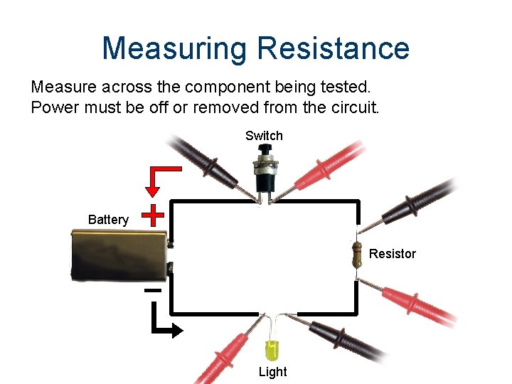 Measuring Resistance Measure across the component being tested. Power must be off or removed