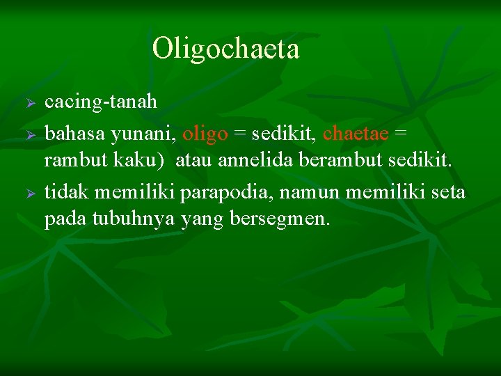 Oligochaeta Ø Ø Ø cacing-tanah bahasa yunani, oligo = sedikit, chaetae = rambut kaku)